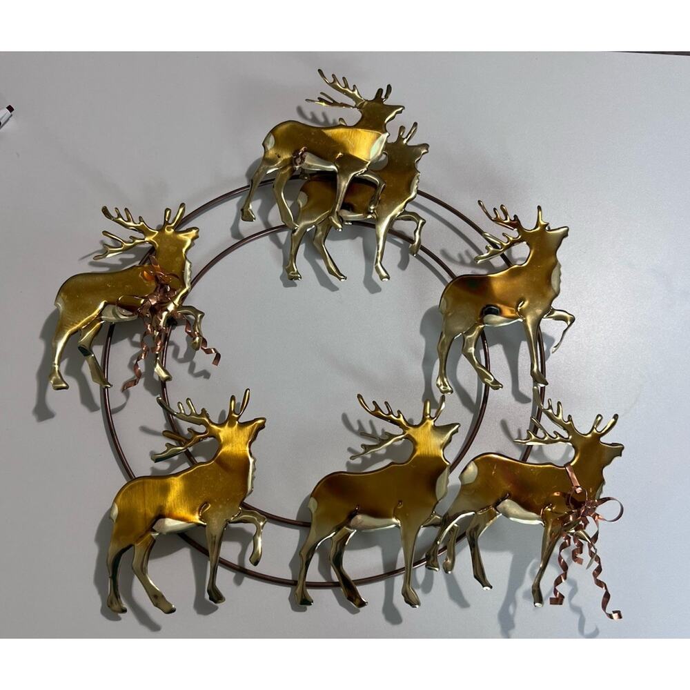 Vintage Brass & Copper Reindeer Wreath Christmas Door or Wall Decor Deer 15"
